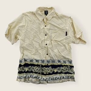 VTG Da Hui Hawaiian Shirt Mens Medium Beige Button Up Cotton Floral Aloha USA‎